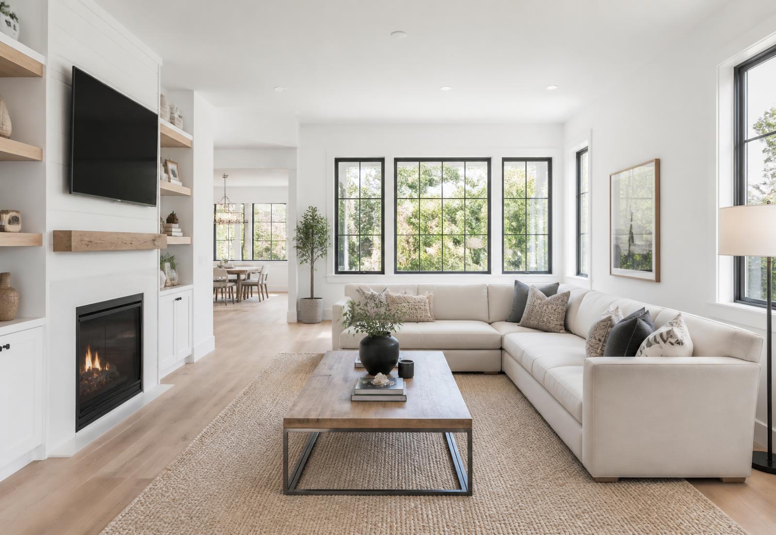 Bright, freshly cleaned living room in an American home